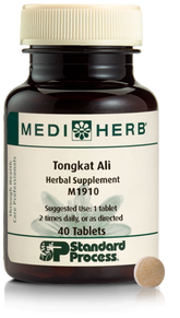 A bottle of MediHerb® Tongkat Ali, a testosterone support supplement for older men, next to a tablet of the supplement.